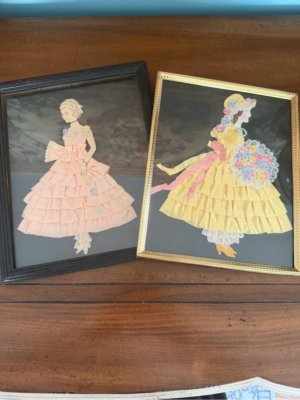 Handcrafted Mixed Media Ribbon Art Dresses Wall Pair - Pink & Yellow